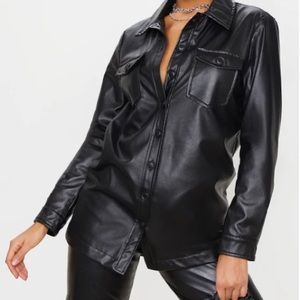 Black Faux Leather Longline Shirt Jacket